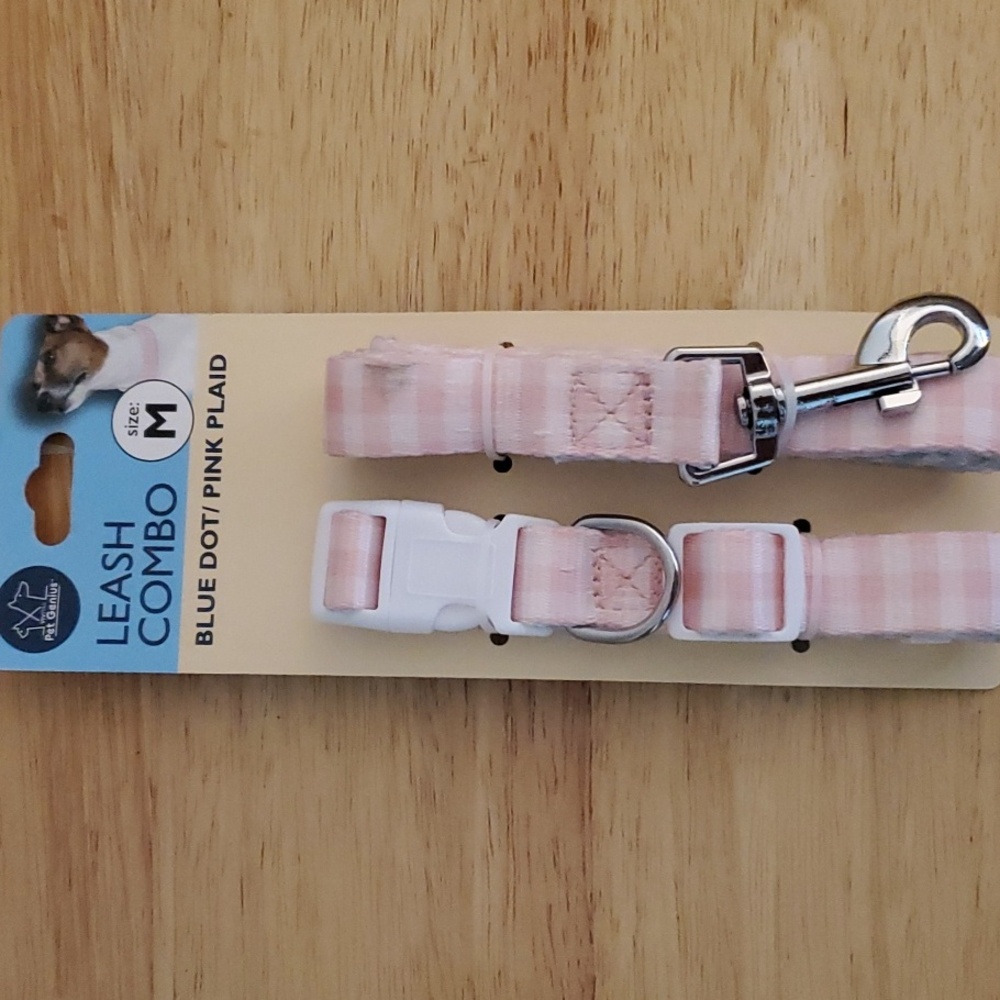 Two Side Pink Plaid Blue Dots Leash Combo Set